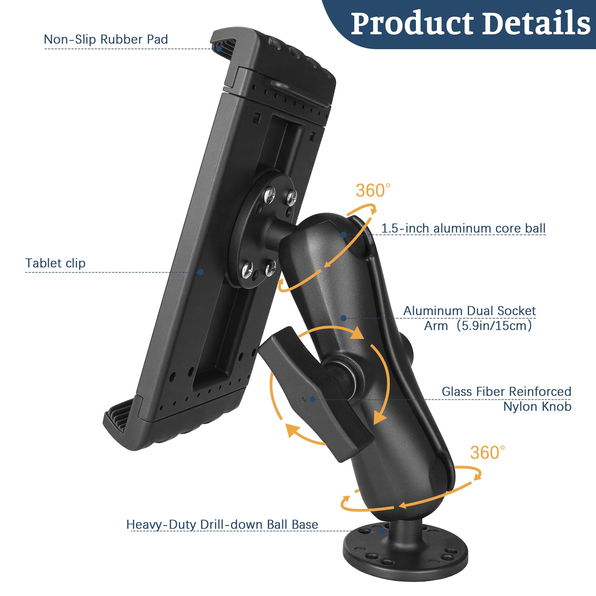 Heavy Duty Tablet Mount for Truck, Aluminum Drill Base Tablet Holder, Compatible with 7.5''-13'' Tablets/iPad, Industrial iPad Holder for Wall, Truck,Commercial Vehicles, Warehouse, Dashboard, Boat