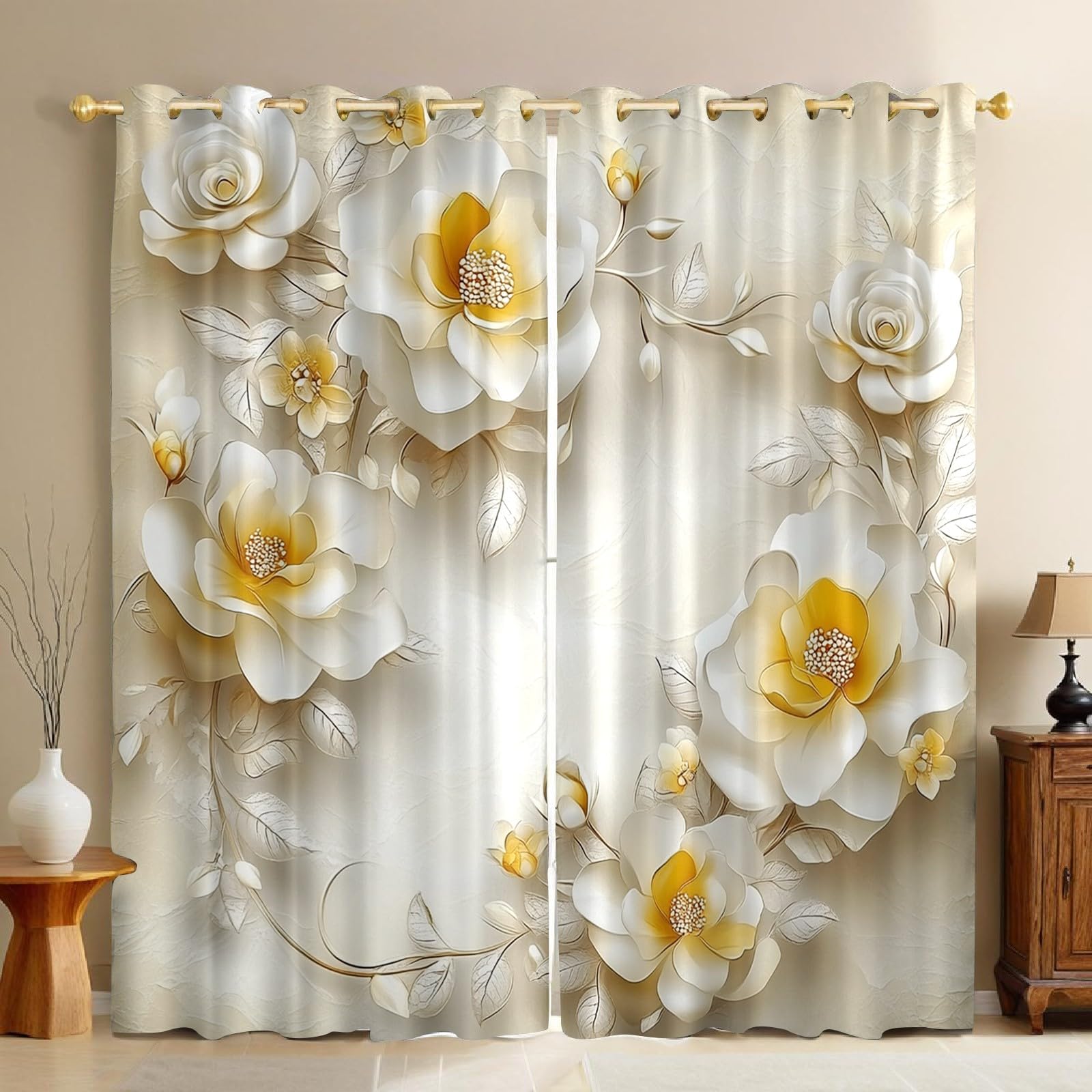 Rideaux occultants salon design fleuri beige pour chambre enfant