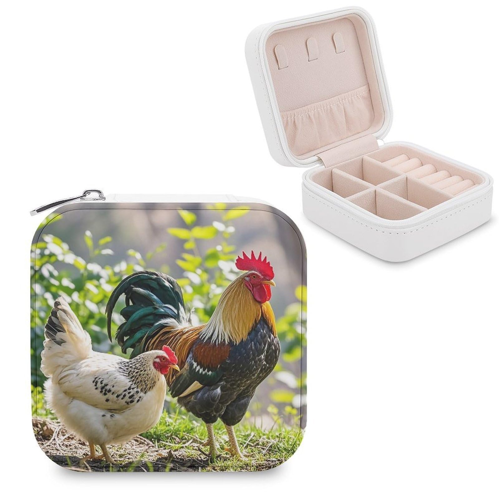 FekiLoot Rooster And Hen Jewelry Case Personalized Leather Jewelry Box Mini Travel Jewelry Case Small Portable Jewelry Organizer for Ring Earrings Necklace Bracelet