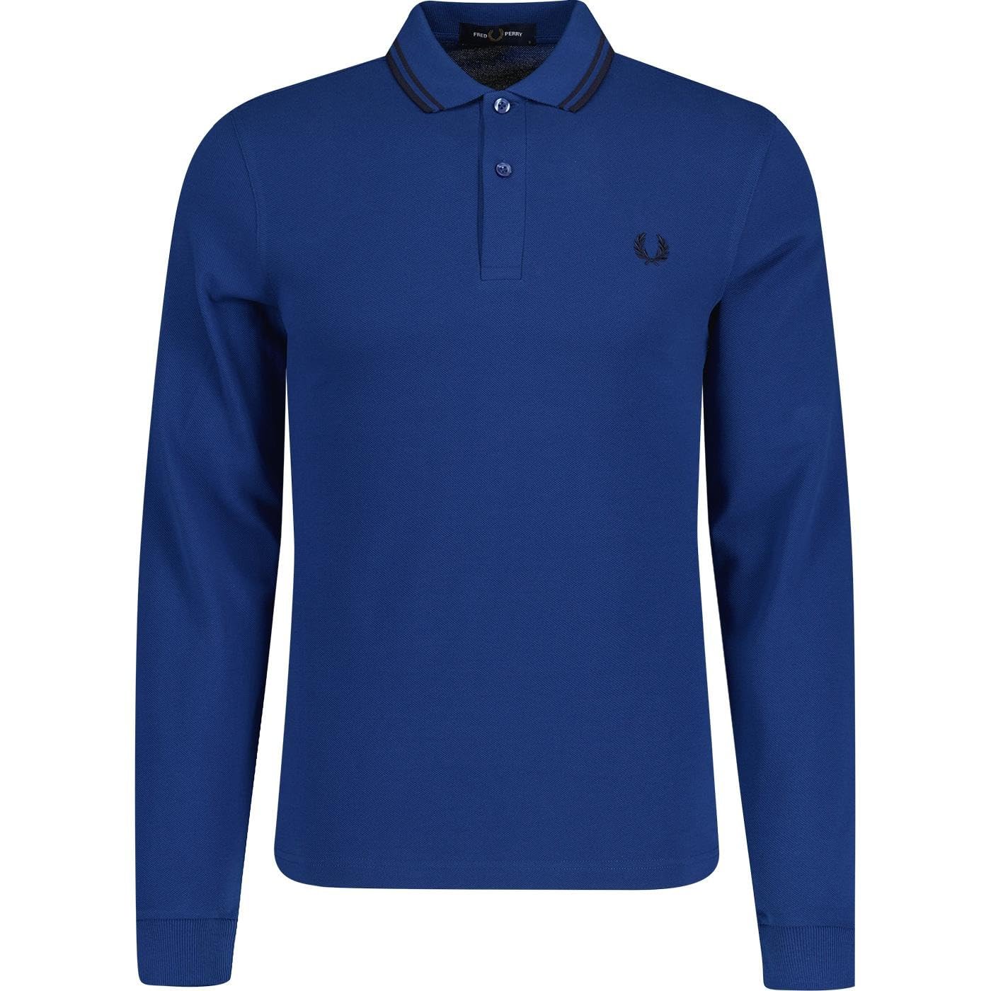 Fred PerryMens Long Sleeved Twin Tipped Polo Shirt M3636 100% Cotton in Shaded Colbalt Blue Tipped with Black Size Small