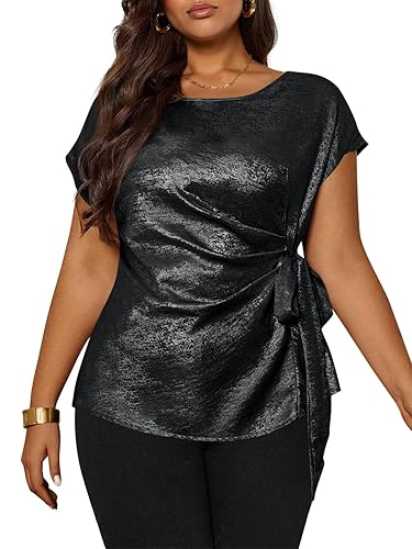 Beautife Womens Plus Size Short Sleeve Tops Metallic Crew Neck