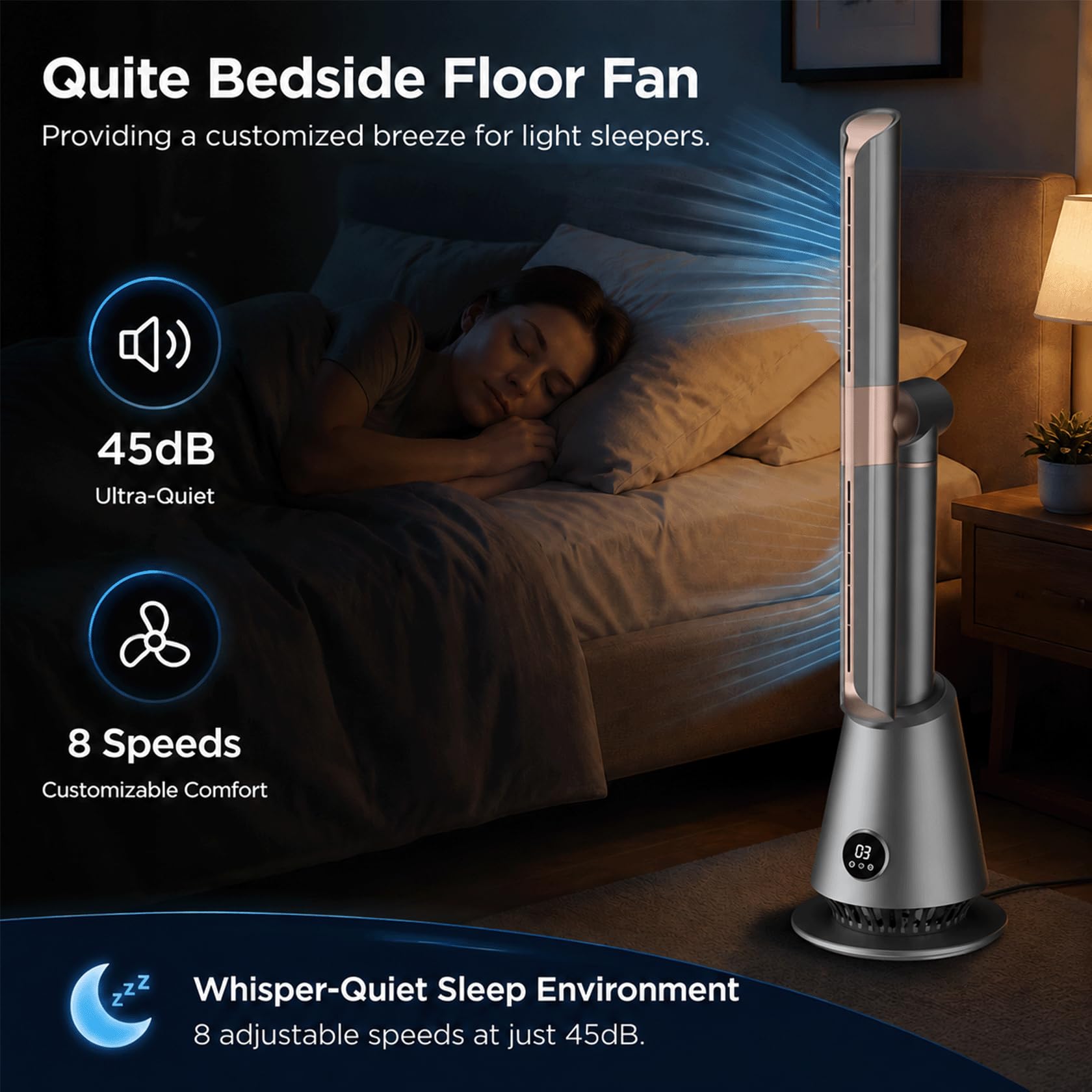 Ventilatore di Raffreddamento del Letto sotto Le Lenzuola, Ventilatore a Torre Senza Pale per la Camera da Letto, Ventilatore da Pavimento | Ventilatori Raffreddanti Regolabili per Letti Sotto la Coperta, Ventilatore da Comodino per Chi Dorme Caldo