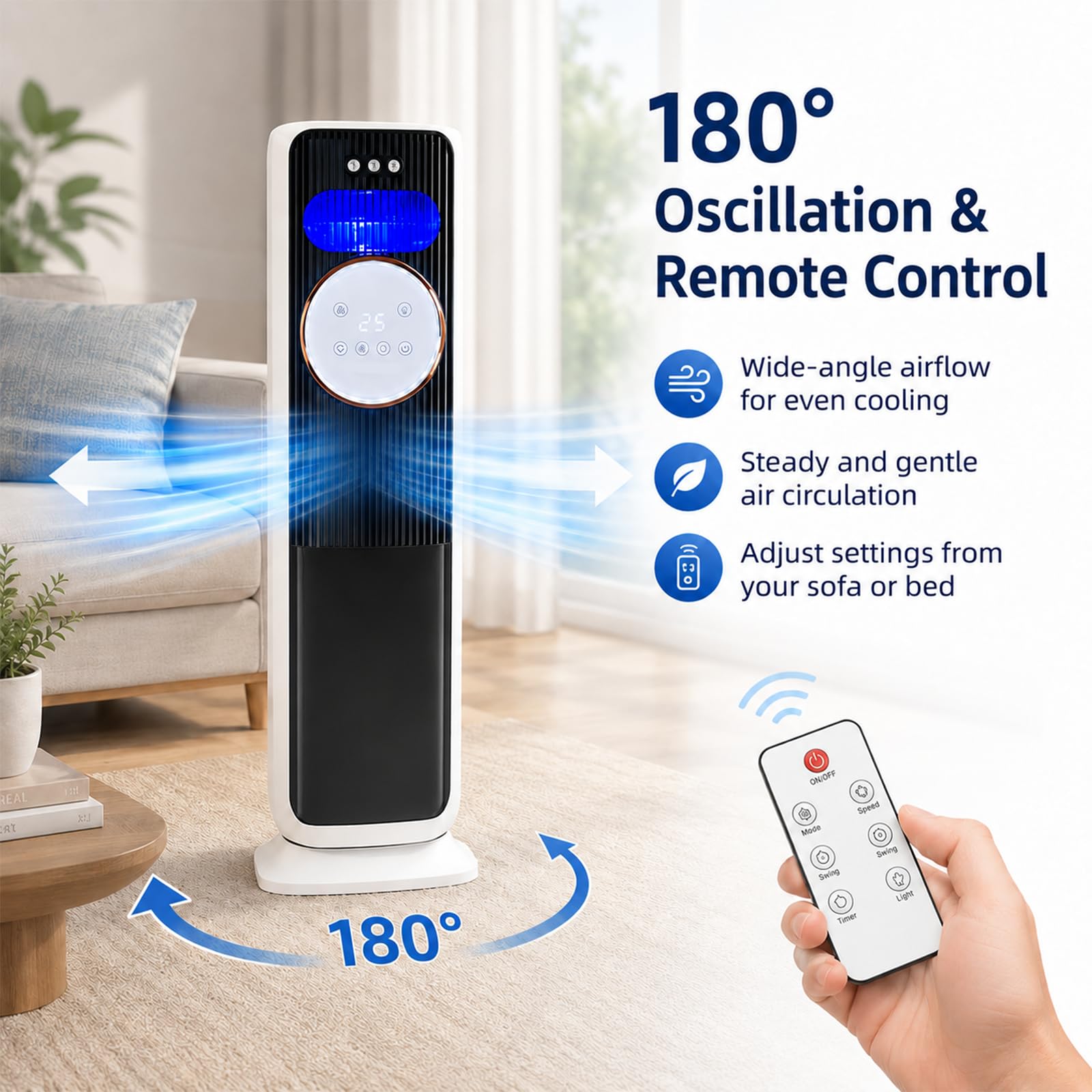 Climatizador Evaporativo con 5 Modos de Frío y Calor, Enfriador de Aire con Efecto Llama y Oscilación de 180°, Aire Acondicionado Portátil para Hogar Oficina Salón Dormitorio (Negro)