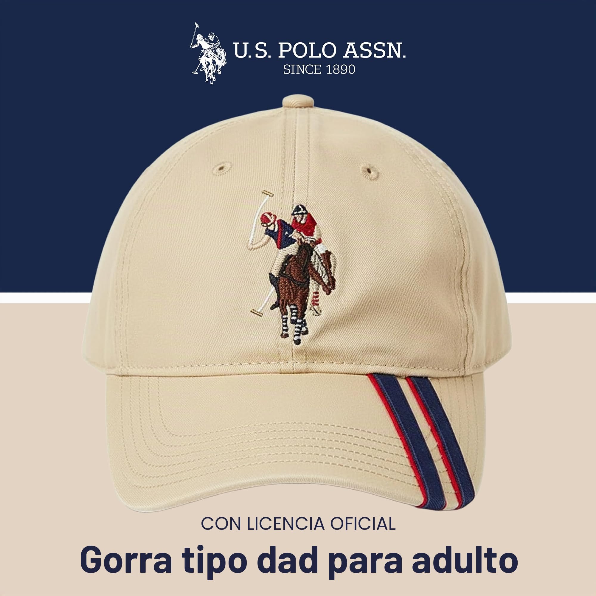 Concept One U.s Polo Assn. Dad Hat, Embroidered Horse Logo Adjustable Adult Baseball Cap with Diagonal Accent Stripes - Gorra de béisbol Unisex Adulto