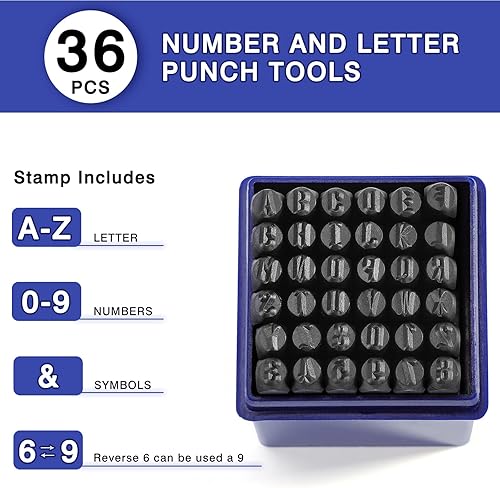 Miniatura 2 de OCR Juego de 36 sellos de letras de números de acero de 0.157 in (532 pulgadas) (A-Z, 0-9 y punzón, herramienta de bricolaje para imprimir metal,