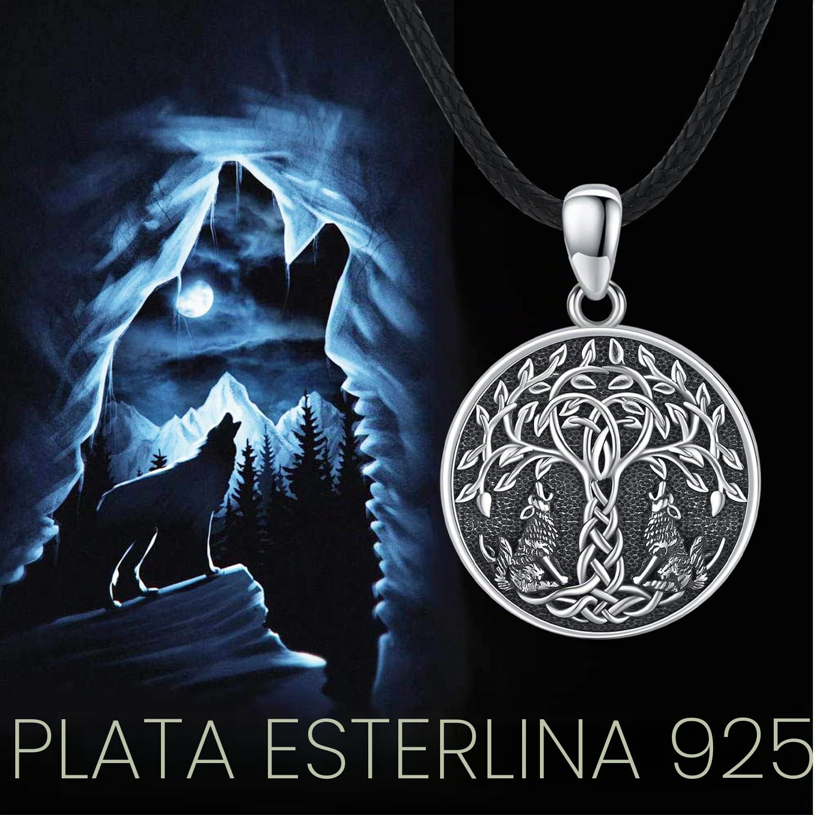 Cadena de árbol de la vida para hombre de plata de ley 925 árbol de la vida cuervo lobo colgante celta nudo redondo amuleto vikingo joyas regalos para mujeres hombres