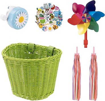 Kids Bike Basket, Bike Basket Front Bike Accessories for Girl Boys, Woven Bicycle Basket with Stickers, Bike Bell, Windmill, and 1pairs Colorful Ribbons Tassels