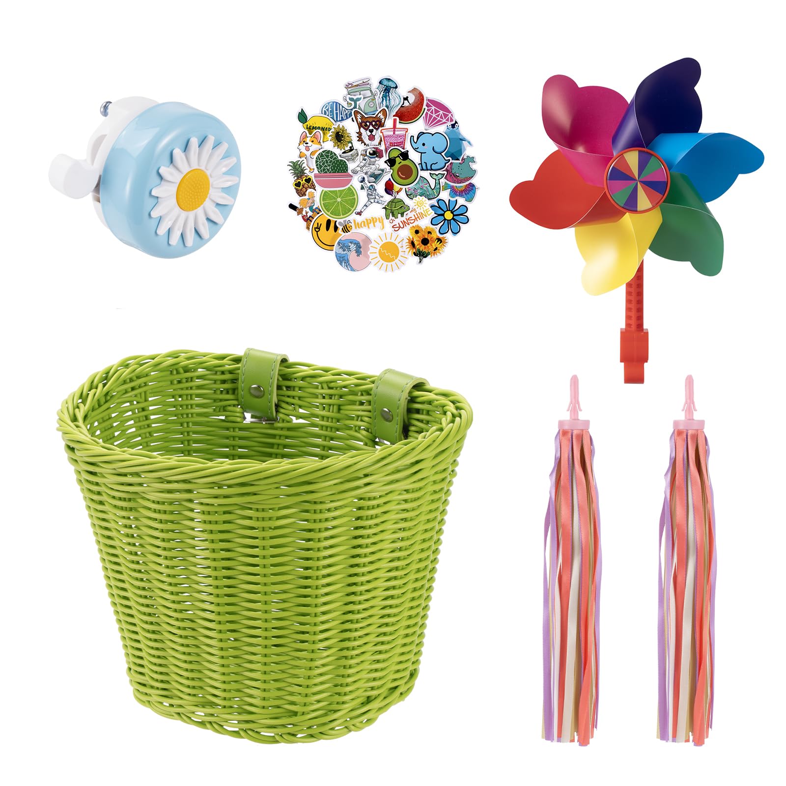 Panier de vélo avant pour enfants, accessoires de vélo pour filles et garçons, panier de vélo tissé avec autocollants, sonnette de vélo, moulin à vent et 1 paire de rubans colorés (panier vert)