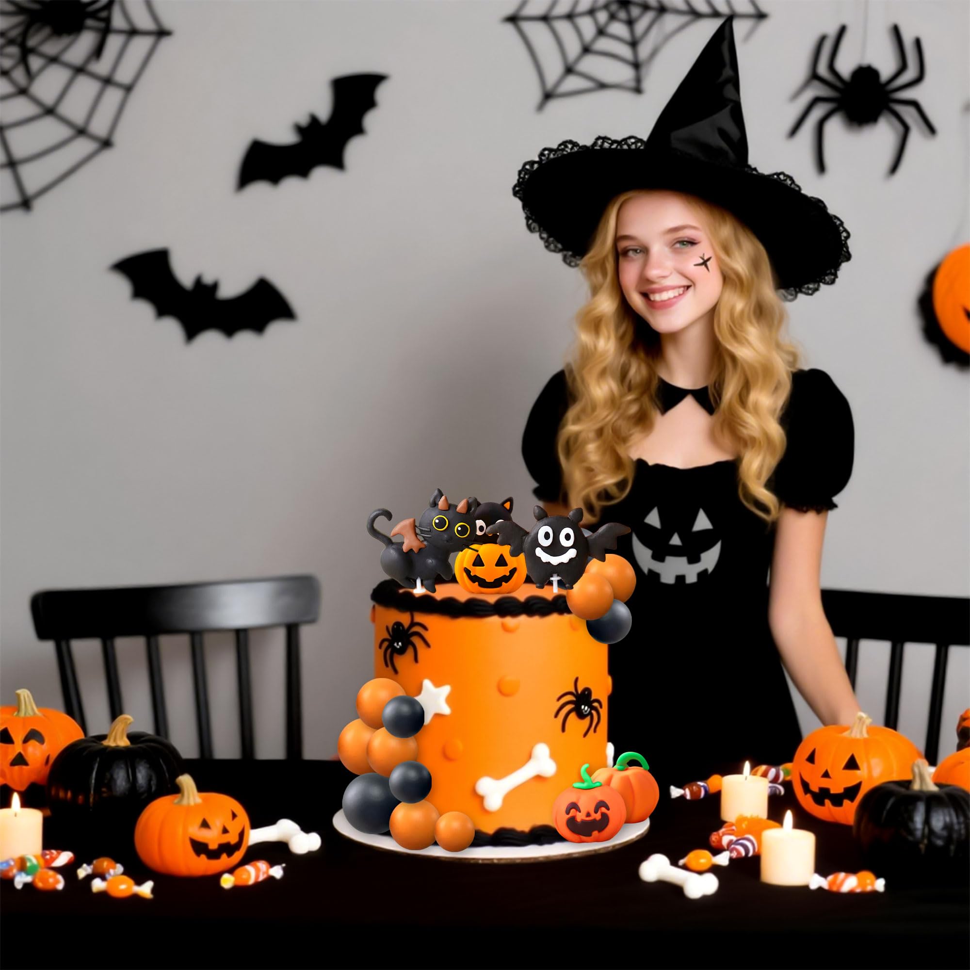 LaVenty Halloween Black Cat Cake Topper Spooky Birthday Cake Decorations, Orange, 5 cm x 1 cm - Image 7