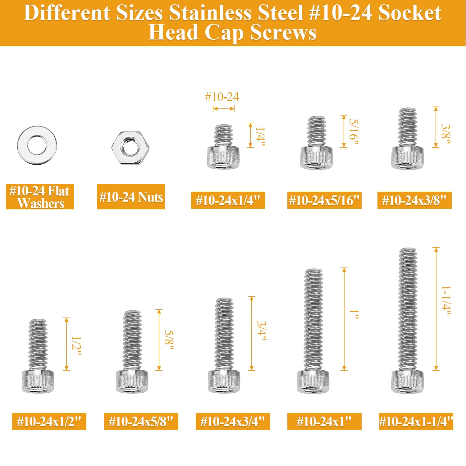 144 Pieces #10-24 x 1/4", 5/16", 3/8", 1/2", 5/8", 3/4", 1", 1-1/4", Hex Socket Head Cap Screws Nuts Washers Assortment Kit
