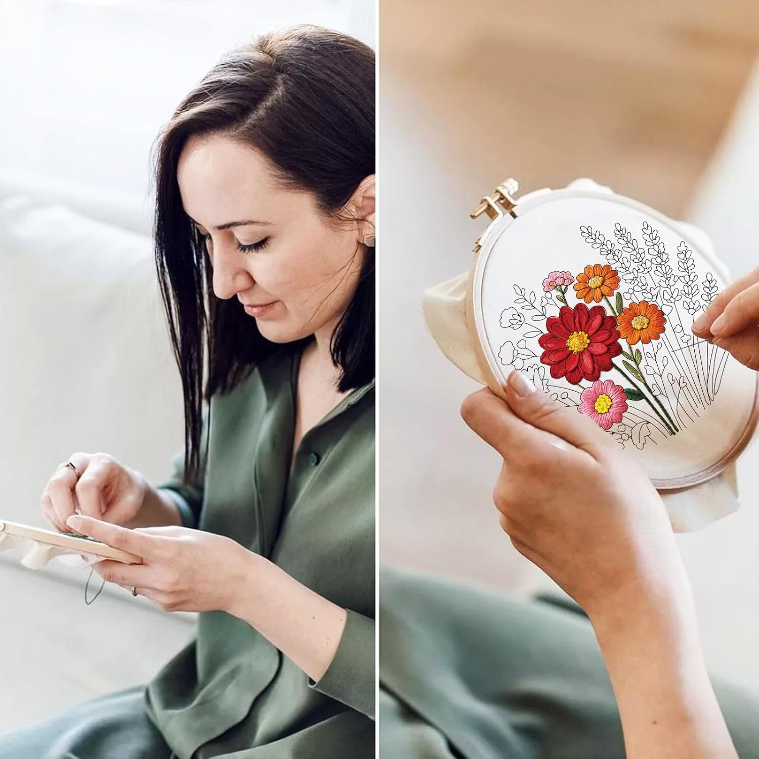 ORIGACH 6 Pack Flowers Embroidery Kits for Beginners, DIY Starter Hand Embroidery Kit with Floral Wreath Wildflower & Butterfly Patterns and Instructions for Adults Women Crafting