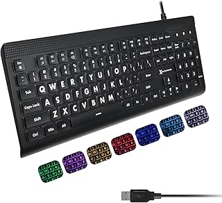 X9 Performance Backlit Large Print Keyboard - Easy to See Oversized Letters - USB Wired, Full Size 107 Key Layout, 7 Color LEDs - Large Letter Keyboard for Visually Impaired - for Windows PC