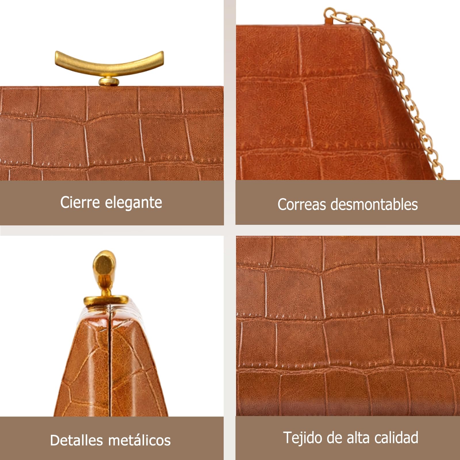 Bolsa de Noche con Textura de Cocodrilo para Mujer Cuero PU Clutch Bolso de Boda Bolso de Fiesta Elegante Bolso de Hombro Bandolera con Cadena Desmontable para Banquete Fiesta Cocteles
