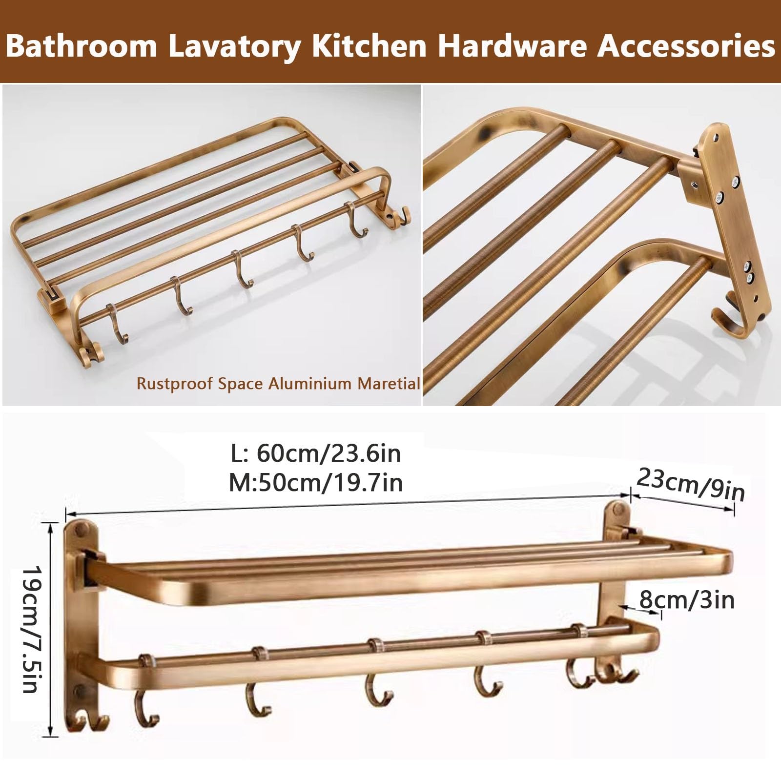 Toalleros de Bronce Antiguo para Lavabo de baño, Soporte para Toallas de Mano montado en la Pared con Barra de Toalla y Ganchos, Estante Plegable para Toallas, Colgador de Toallas de alumini