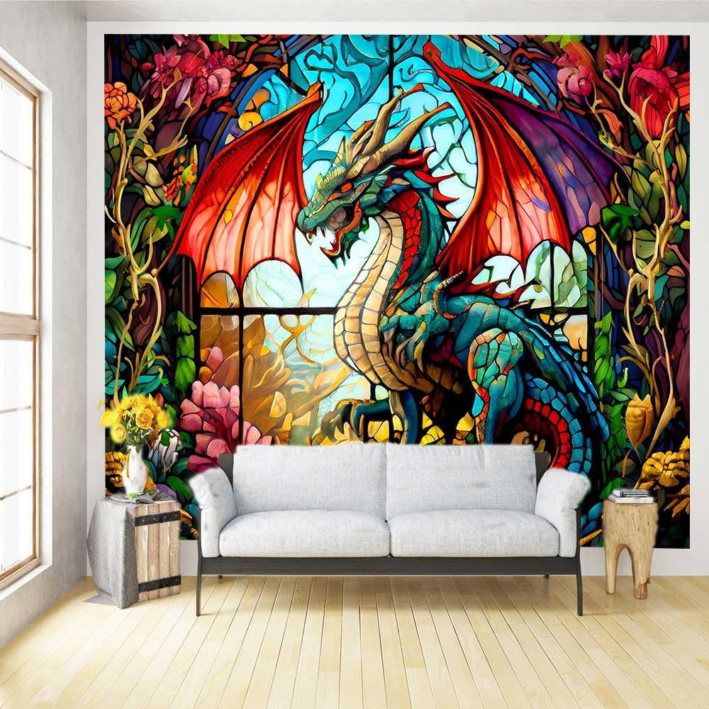 Ine Ive Fantasy Dragon Tapestry Stained Glass Window Tapestry Large Size 100x90Inches Forest Plant Floral Medieval Animals Dragon Wall Decor for Bedroom Dorm Home