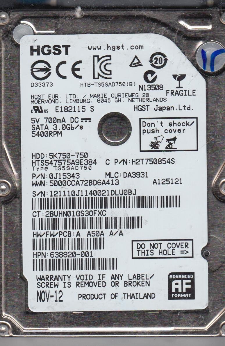 HTS547575A9E384 PN 0J15343 MLC DA3931 Hitachi 750GB SATA 2.5 Hard Drive [並行輸入品] Hitachi HTS547575A9E384 - 750GB 5.4K RPM SATA 9.5mm 2.5