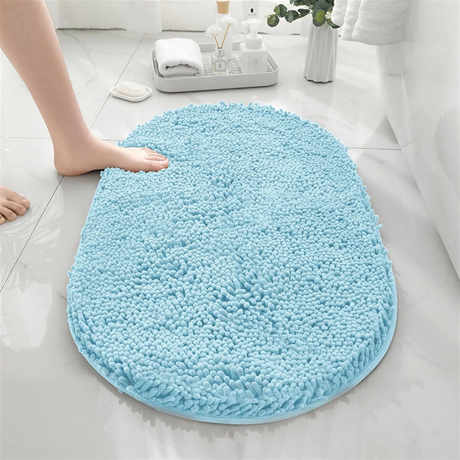 Reyox Chenille Oval Bathroom Rug, Non Slip Water Absorbent Bath Mat, Washable Bath Rugs for Bathroom Floor Bathtub Lake Blue 1.6 x 2.6 Feet