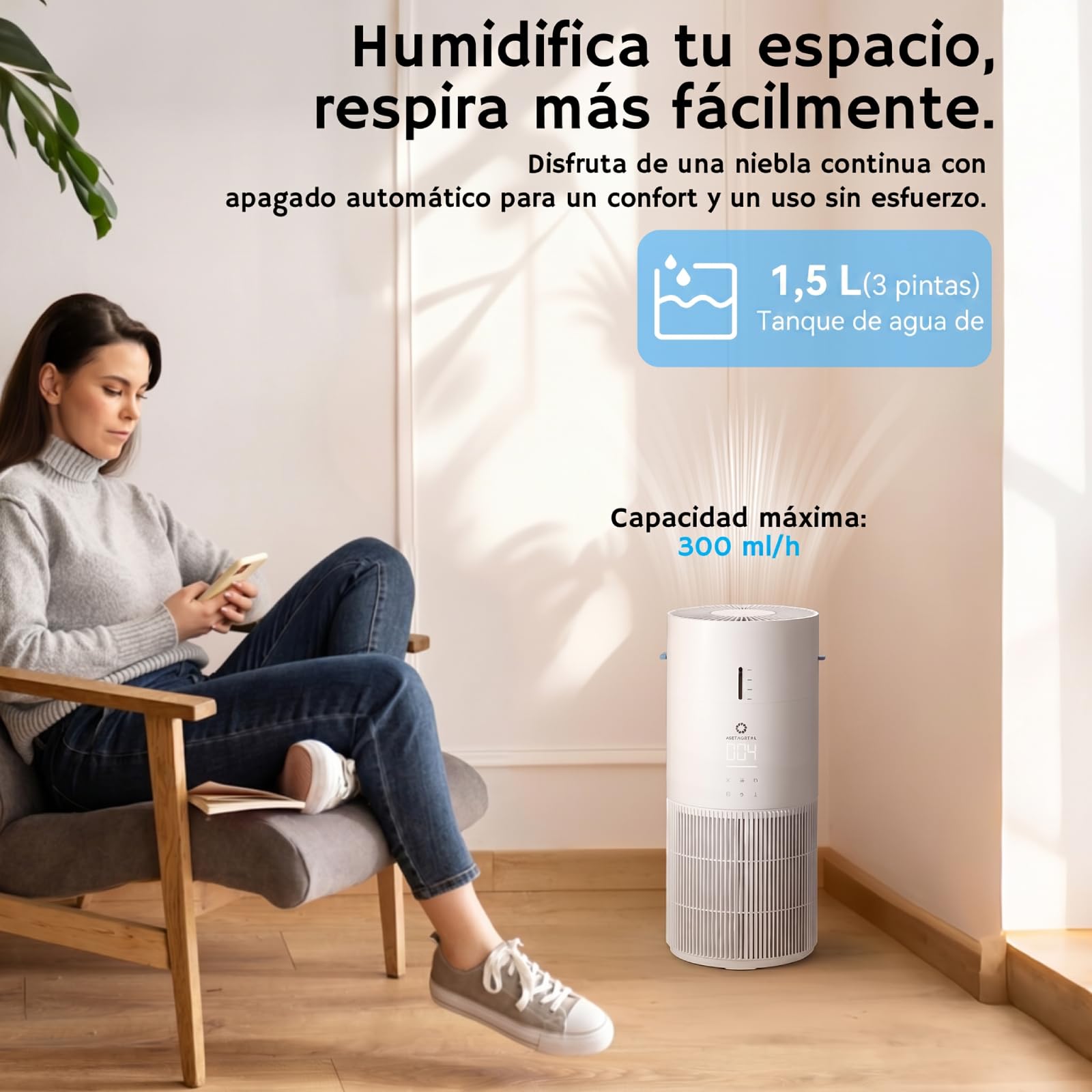 Airthereal Purificador y Humidificador 2 en 1 para 125 m², Filtro 3 Etapas, Monitor de Aire, Modo Sueño Silencioso, Humidificador con Monitor Automático de Humedad, AEH300