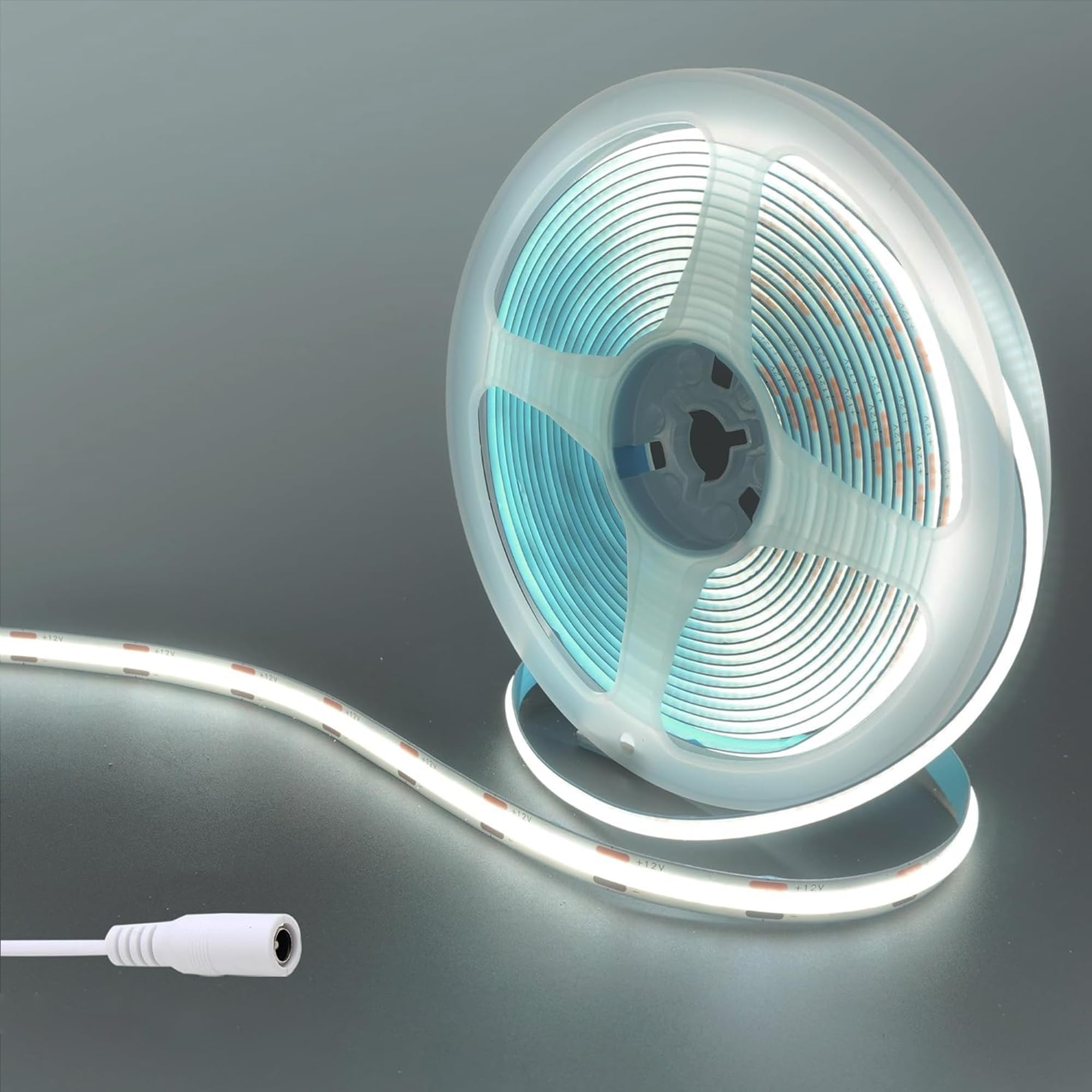 Clearhill 12V COB LED Strip Lights with 5521DC Female Connectors(No Power Supply),16.4FT/5M,Cool White 6500K,320LEDs/M,8mm Width,CRI80,Electroplated Single-sided Panel,10W/M,IP20,for Indoor Decoration