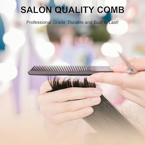 Miniatura 6 de Peine profesional para peluquería de dientes finos y anchos, de fibra de carbono, resistente al calor, con cola de acero inoxidable, para trenzar,