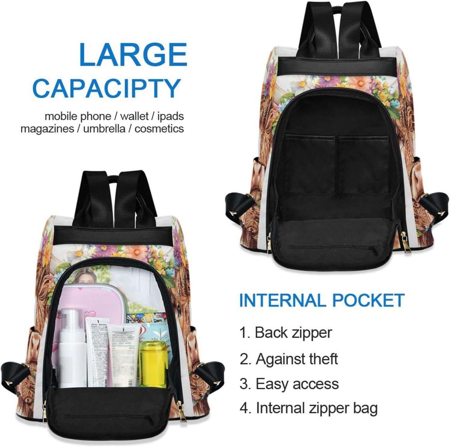 ALAZA Highland Cow Flower Backpack Purse for Women Anti Theft Fashion Back Pack Shoulder Bag