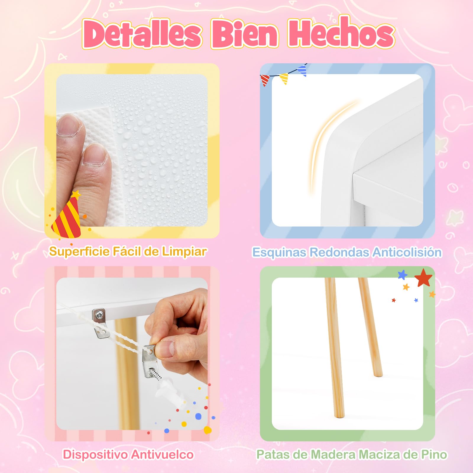 COSTWAY Tocador Niña, Tocador de Maquillaje Niña con Espejo Iluminado, Juego de Mesa y Silla de Princesa con Espejo y Luces, Estante Abierto, Ganchos y Cajones (Blanco)