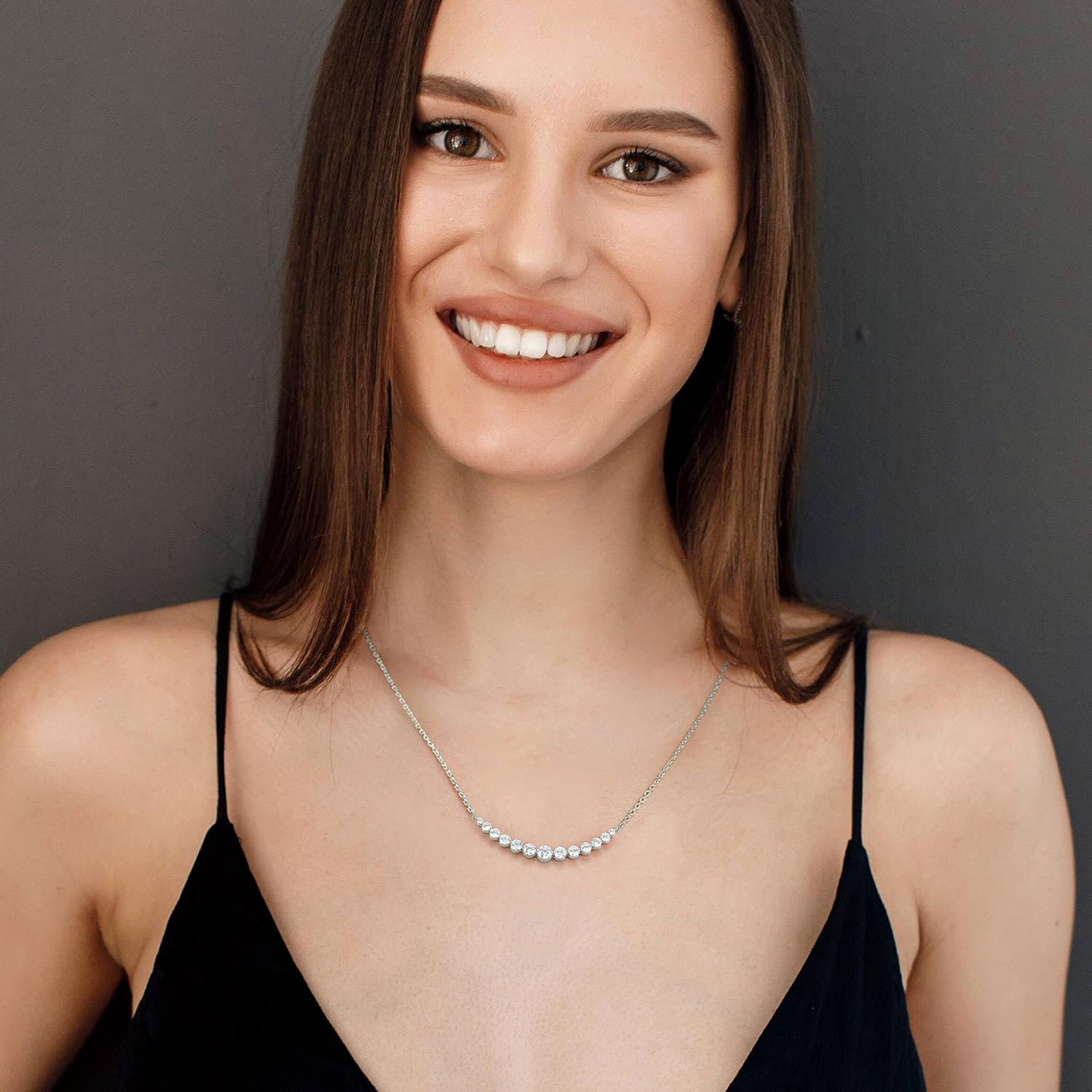 Fascinating Diamonds 14K Gold 1/3 To 2 Carat Round Cut Lab Grown Diamond Affordable Graduated Fixed Smile Necklace With 18" Chain For Her (VS1-VS2 Clarity, E-F-G Color, 0.30-2 Ctw) Premium Collection