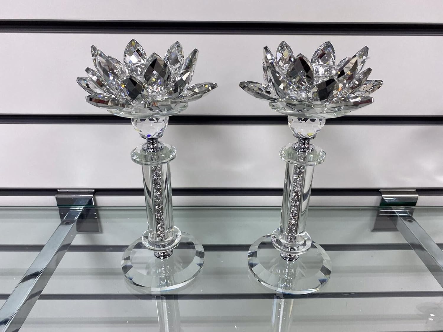 Biznest Silver Set Of 2 Crushed Diamond Crystal Candle Holder Tealight Holder Clear Mirror Glass Tall Pillar Taper Candle Holder(28Cm Round)
