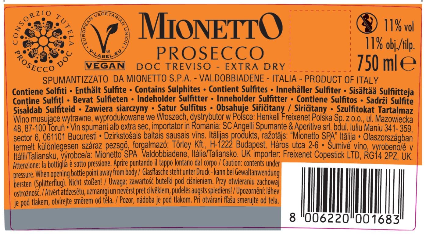 Mionetto Prosecco DOC Treviso Brut Extra Dry (1 x 0,75 l) - Qualitäts-Schaumwein aus Italien, weich und harmonisch, extra trocken, ideal als Aperitif oder zu Antipasti (Packung mit 6)
