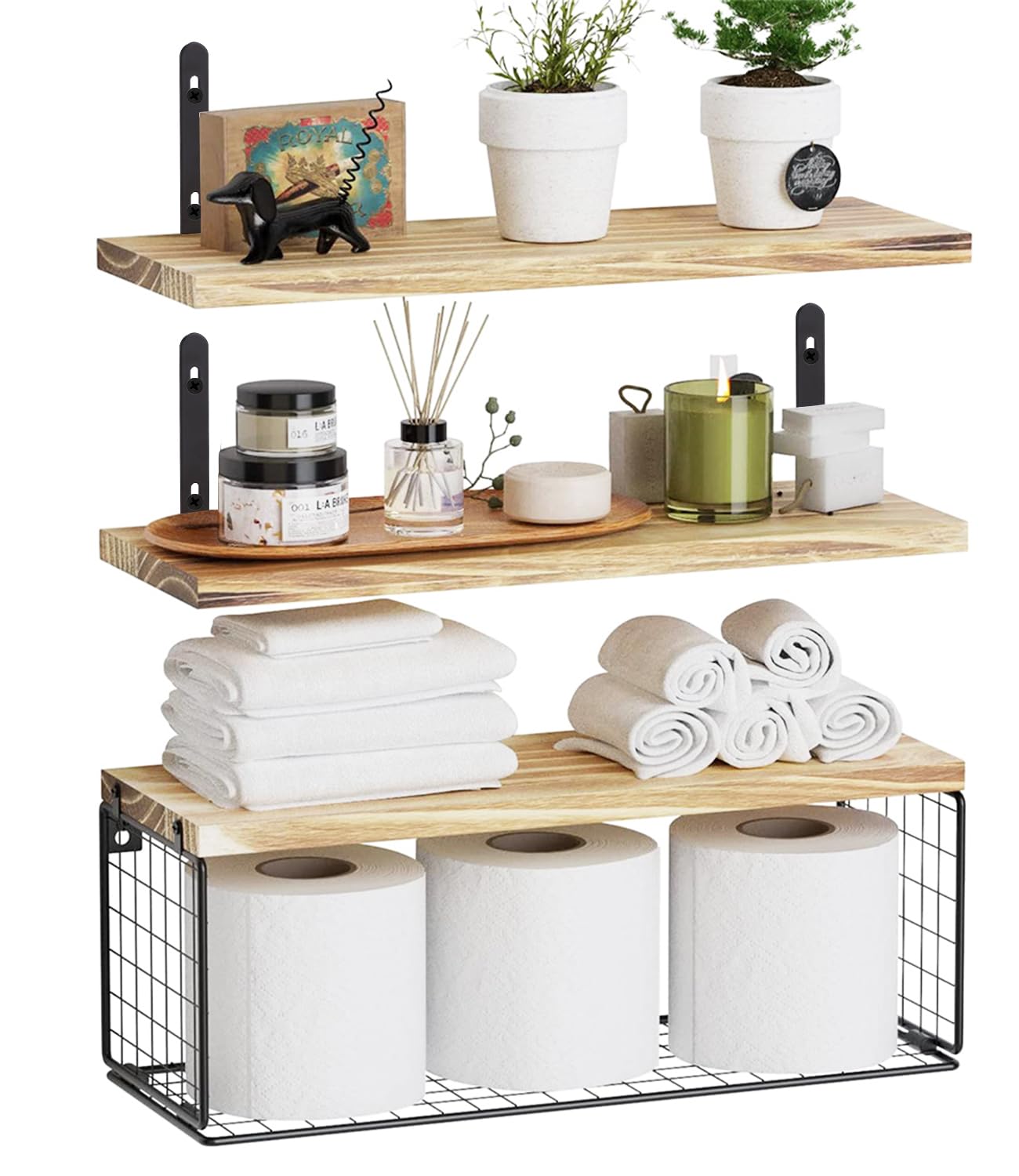 Estante de pared, Estantes de pared de madera, Juego de 3 estante de pared, Estantes Colgantes con Cesta de Metal, Baldas de Madera Pared para Cocina Habitacion Baño Libros Salon