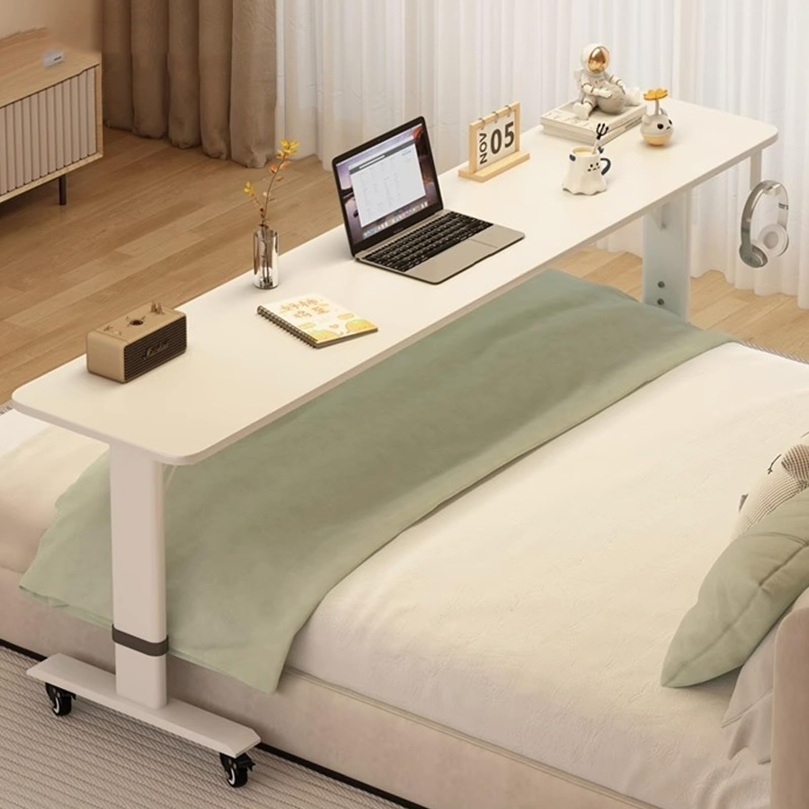 360° Rolling Overbed Table Mobile Queen-Size Bed Desk Rolling Laptop Cart Adjustable Height Bedside Workstation for Home & Healthcare Use