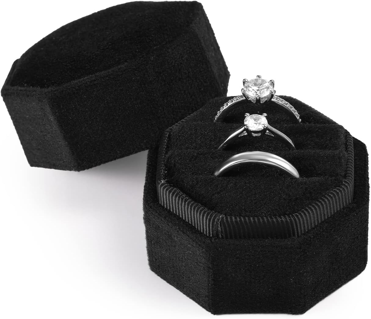 BOXOBBOXOB Velvet Ring Box for Wedding Ceremony, 3 Slots Octagonal Velvet Jewelry Ring Box for Proposal Engagement Wedding B13221 0