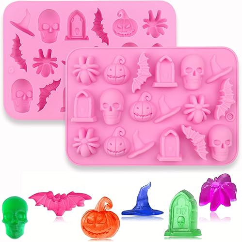 2 moldes de silicona de Halloween, 18 cavidades, fantasma, calabaza, murciélago, cráneo, bruja, moldes para hornear dulces de chocolate para pudín,