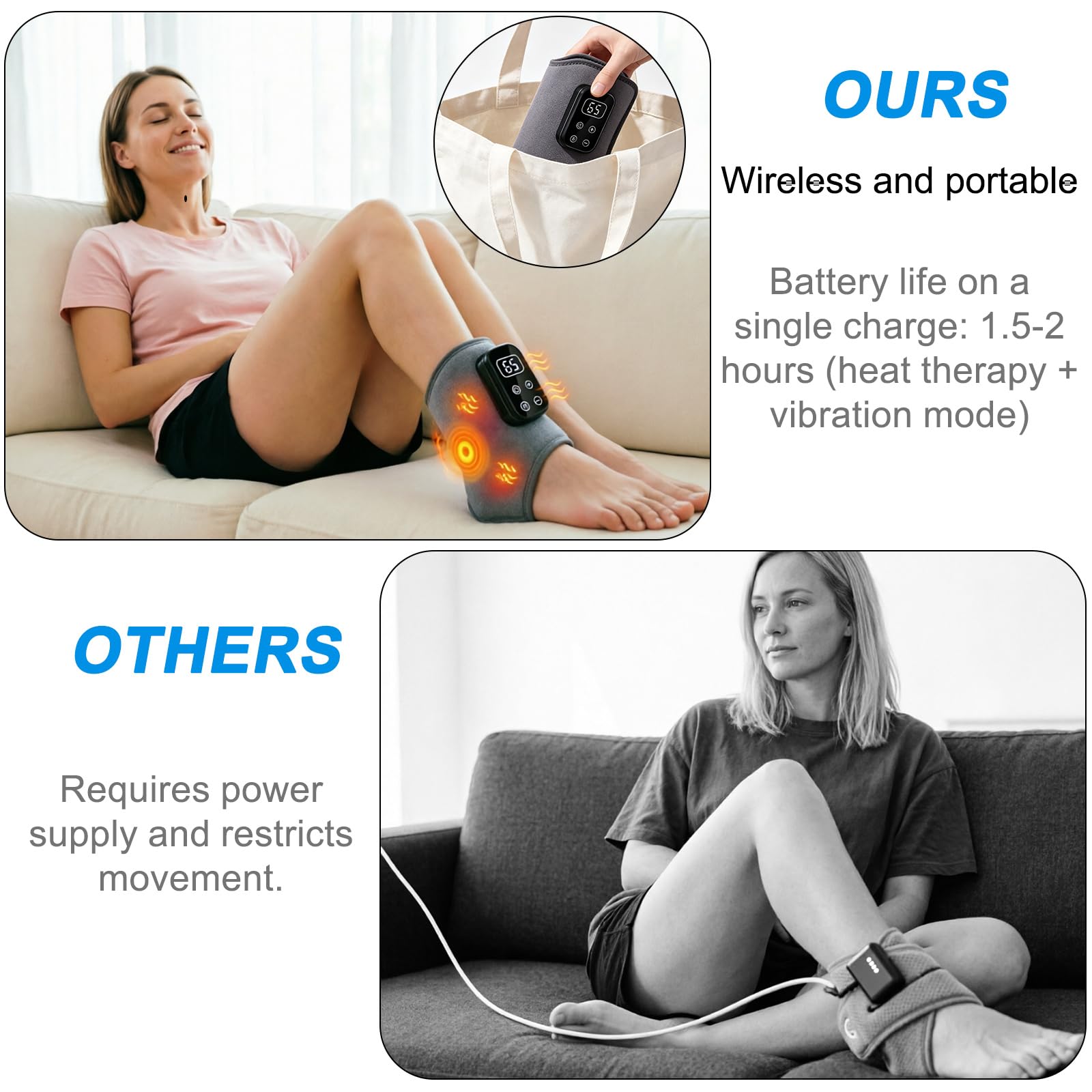 Lot de 2 masseurs de pieds avec chaleur et massage, sans fil, rechargeables avec compression, intensité réglable pour soulager la fatigue des pieds, gris