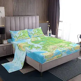 Erosebridal Jogo de lençol com mapa do mundo completo azul oceano jogo de lençol 4 peças para crianças meninos meninas, mapa de vários países lençol com elástico com 1 lençol de cima e 2 fronhas respirável decoração de quarto de casa dormitório