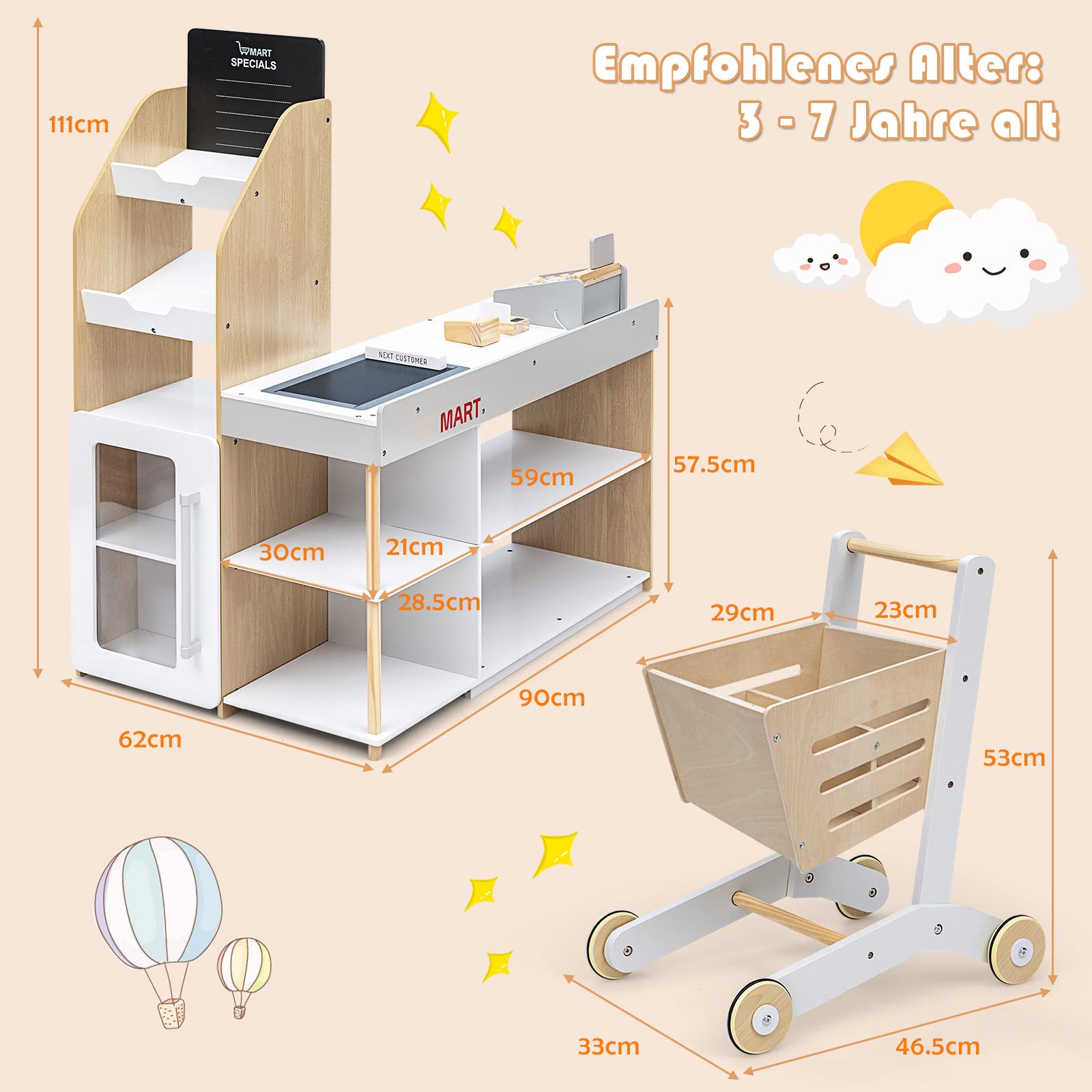 DREAMADE Supermarket mit Einkaufswagen & Kasse & Kreidetafel & Holzwährung, Kaufladen aus Holz, Kaufmannsladen für Kinder ab 3 Jahren