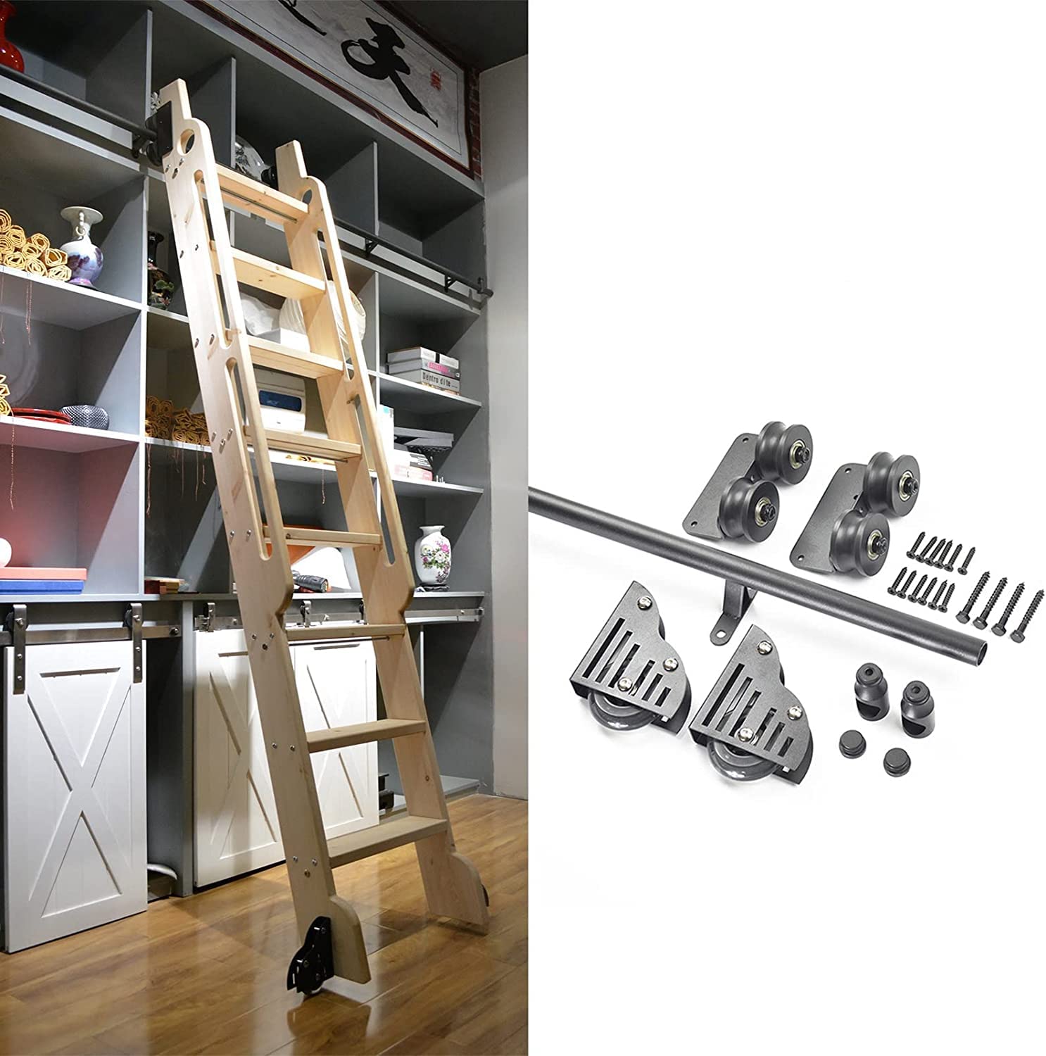 Rolling Library Ladder Hardware Kit with Floor Roller Wheels (No Ladder) Black Round Tube Carbon Steel Slide for Home Loft Office (Size : 6.6ft/200cm Track Kit)