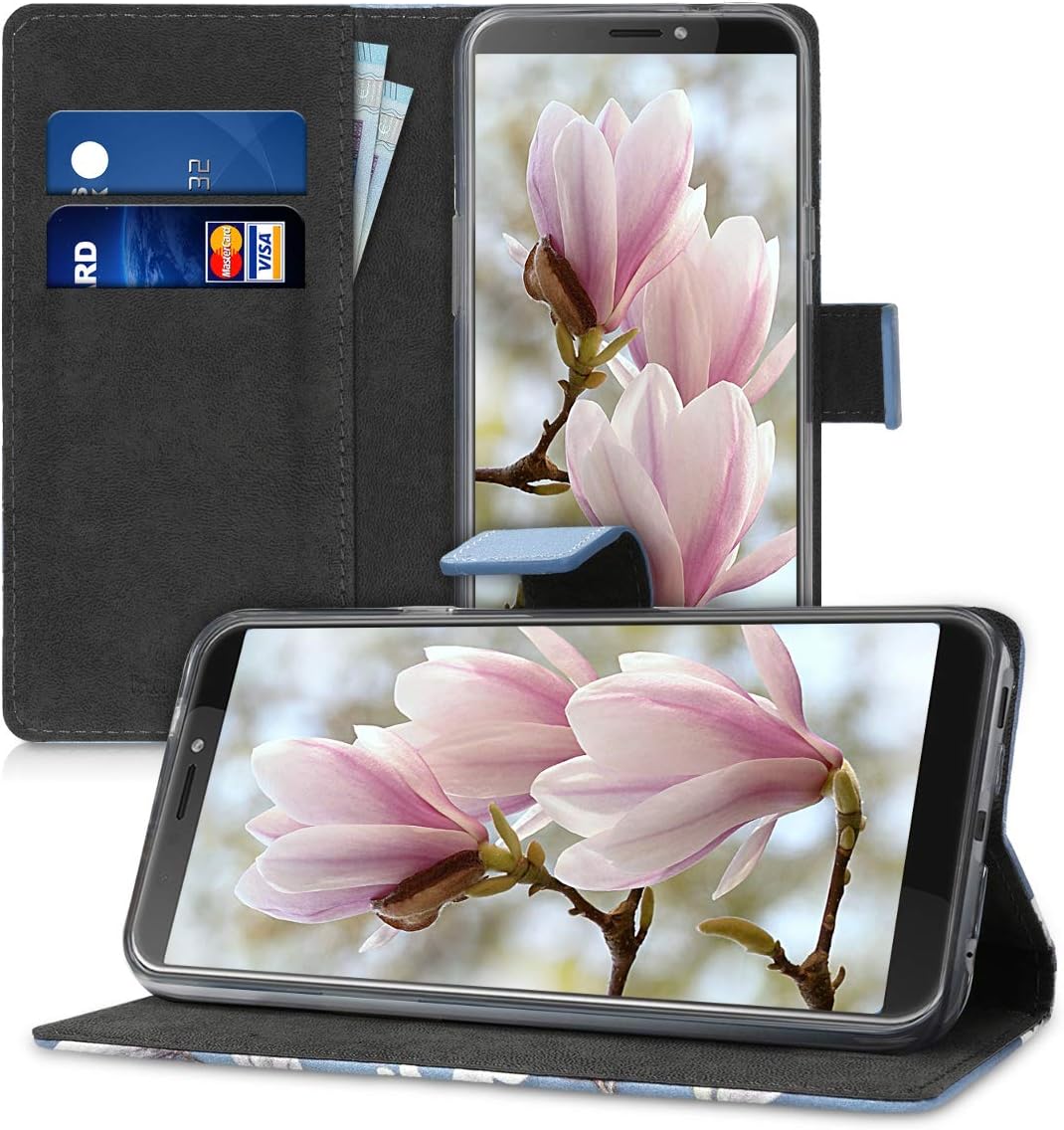 kwmobile Wallet Case Compatible with HTC Desire 12s - Case Faux Leather Cover - Magnolias Taupe/White/Blue Grey