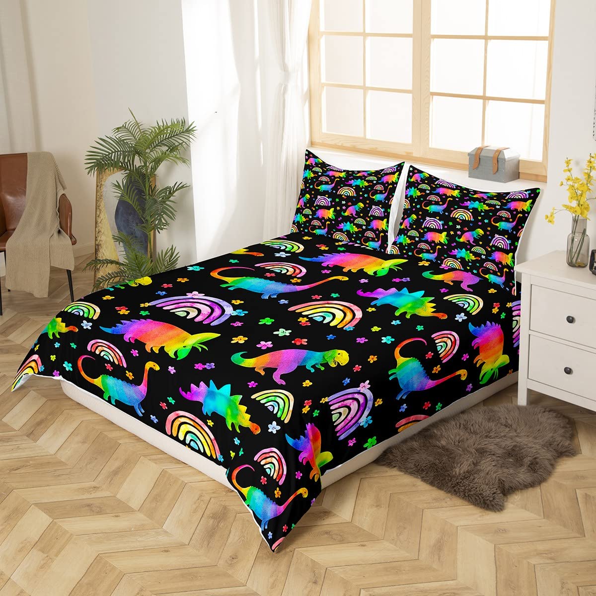 feelingyou Rainbow Dinosaur Duvet Cover Set Double Size,Cartoon Cute Dino Wild Animal Comforter Cover with 2 Pillowcases,Watercolor Flowers Floral Bedding Set for Girls Teens Present Soft Microfiber - Image 3