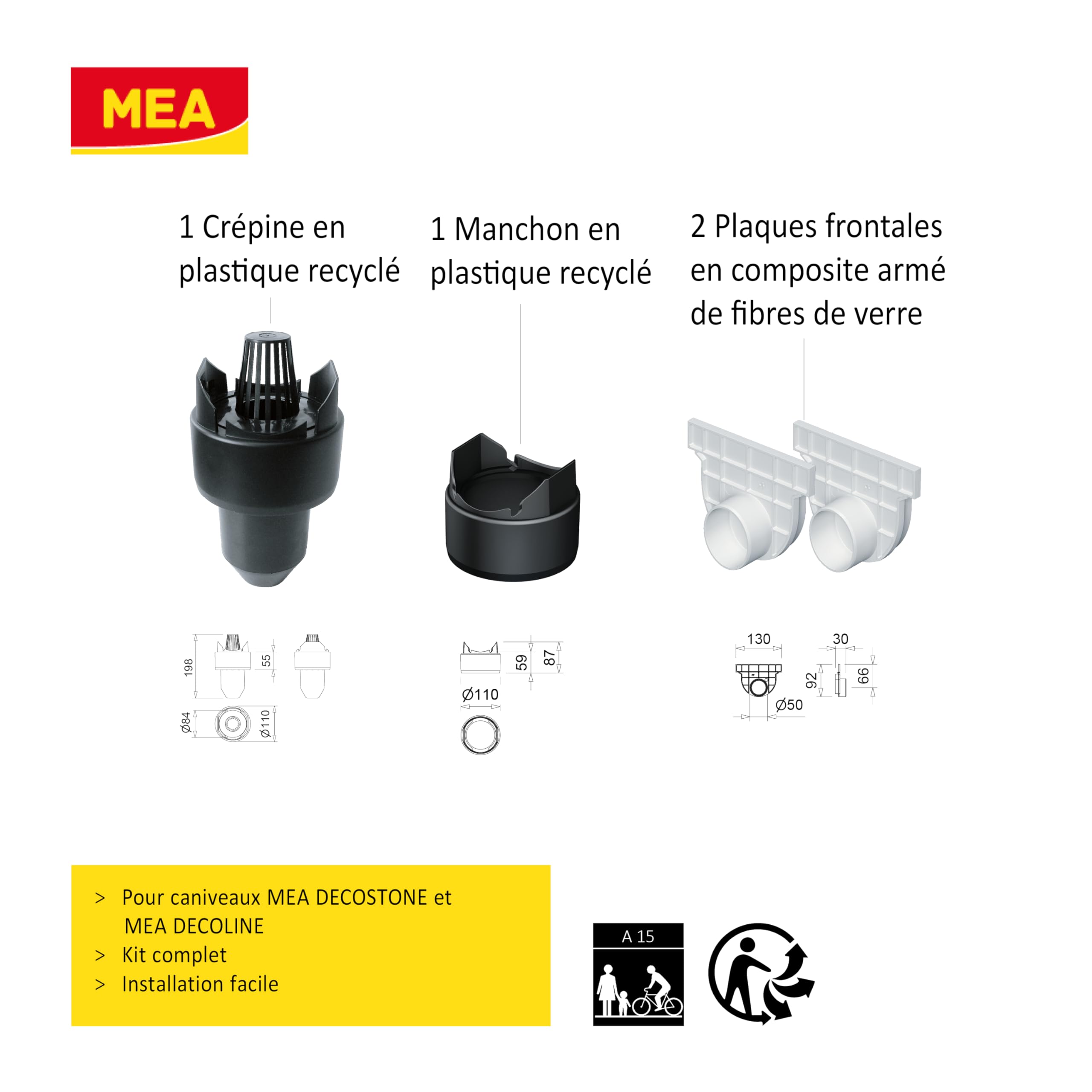 MEA Pack de 6 Caniveaux Extérieurs DECOLINE – Grille en Plastique Recyclé Gris – Drainage Terrasse, Piscine, Jardin – Classe A15 Piéton – Largeur utile 10 cm