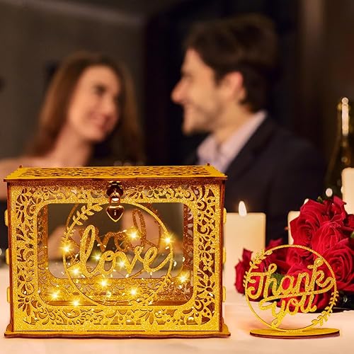 Miniatura 5 de OurWarm Caja de Tarjetas Dorada para Boda, Caja de Tarjetas de Boda de Madera con Purpurina con Cerradura de Corazón y Luces Decorativas, Caja de