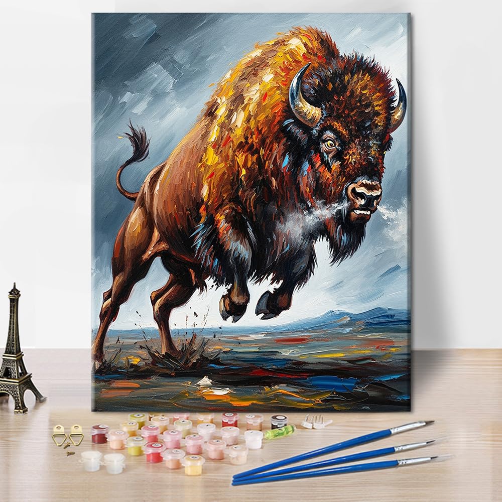 TISHIRON Animal Paint by Numbers Kit for Adults Colorful Angry Jumping Bison Art Paint by Number with Brushes and Pigment for Home Wall Decor Gift, 16x20 Inch
