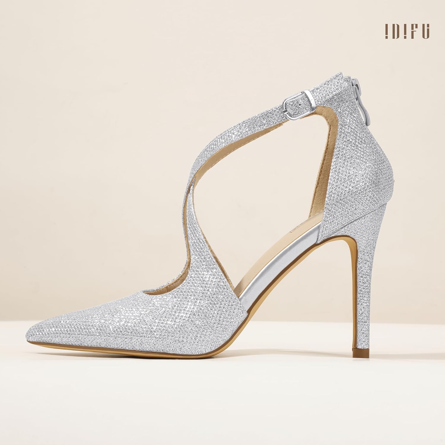 IDIFU IN4 Women's Pumps Closed Toe Stiletto Heels Strappy Wedding Bridal Office Homecoming Work Prom Dress Shoes Bride Comfortable Dressy Formal Pointed Toe Zip - Image 3