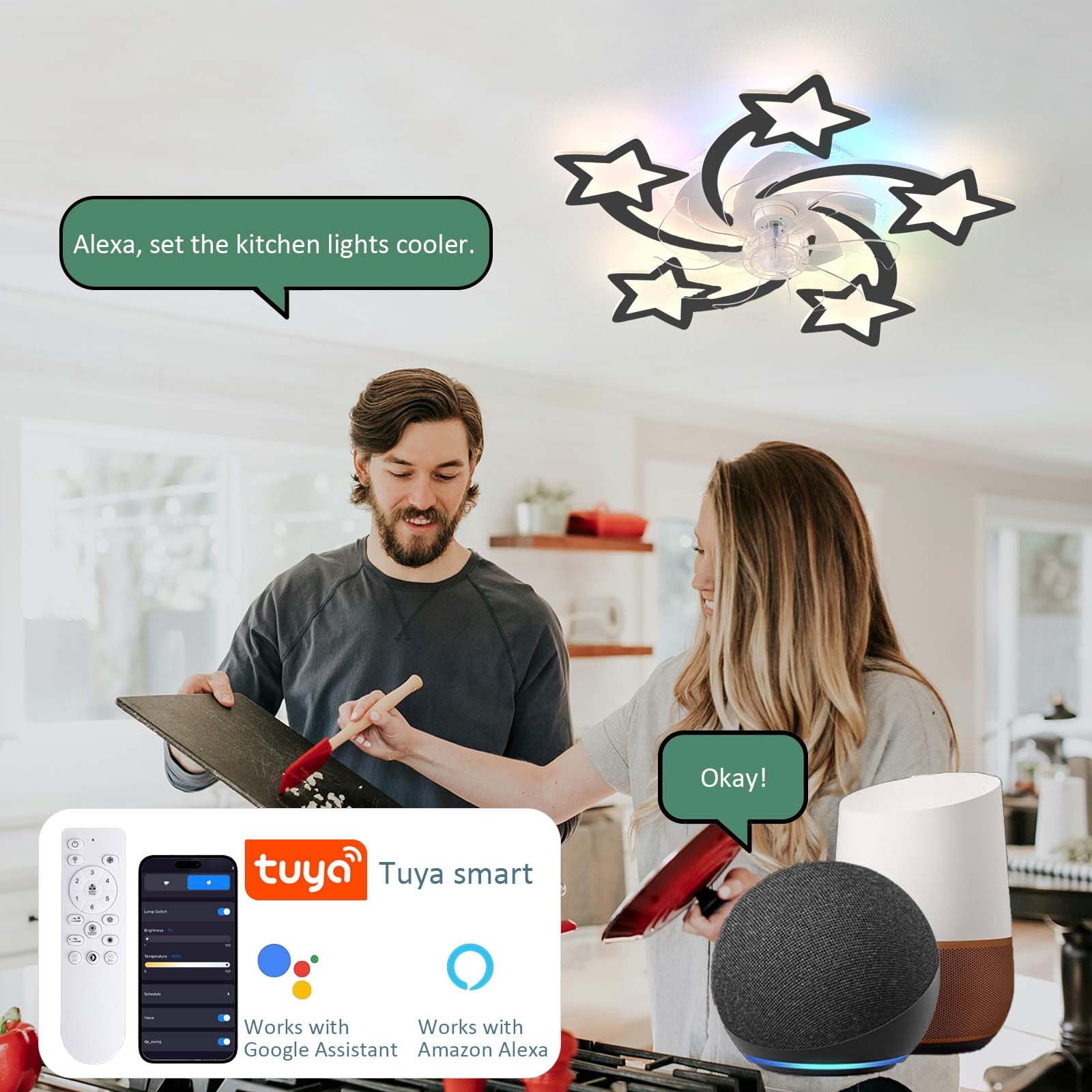 RGB Smart Ventilatore da soffitto con luci Telecomando e controllo APP Dimmerabile 6 velocità Ventilatore reversibile per camera dei bambini Soggiorno Timer di memoria silenzioso 69 cm Nero