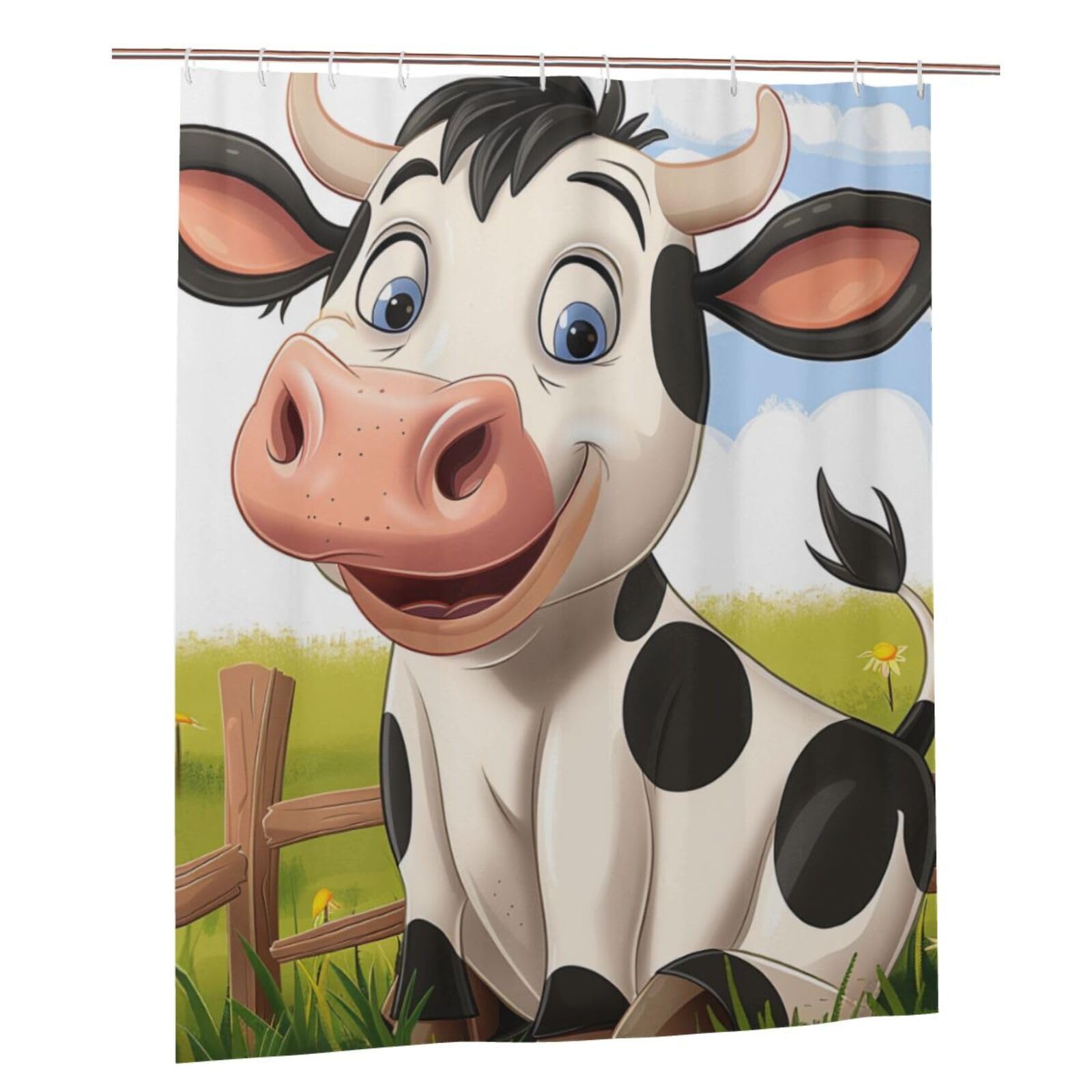 BWWHCCTI Cartoon Milk Cow Printed Shower Curtain With 12 Plastic Hooks Opaque Quick Drying Waterproof Shower Curtains Sets For Bathroom 152x183 Cm