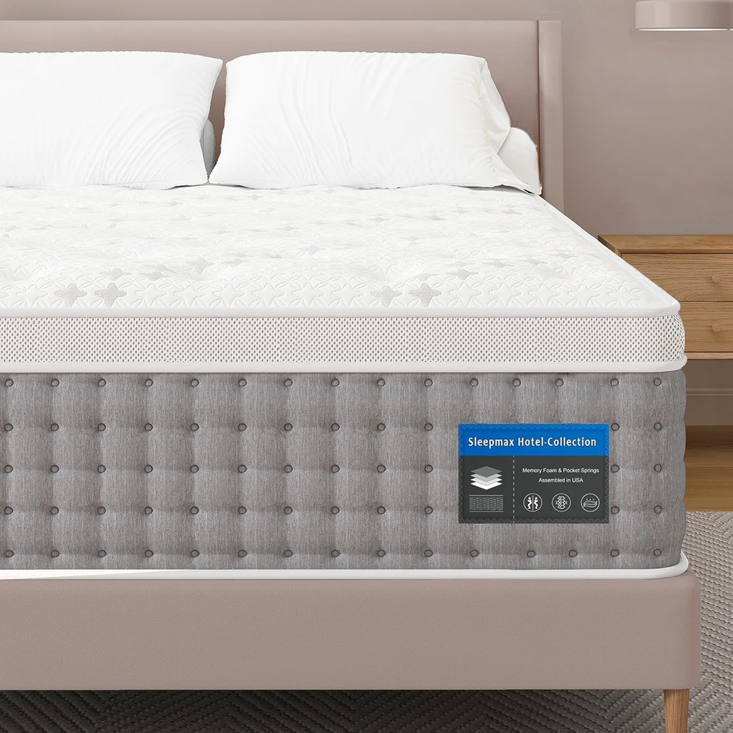 Sleepmax King Mattress 14 Inch - Hotel-Collection Hybrid Mattress Pain Relief - Extra Lumbar &amp; Hip Support - Spine Alignment Cooling Bed in a Box - 365-Night Trial, Forever Warranty, Fiberglass-Free