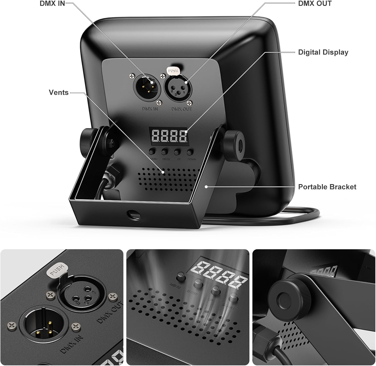 Rear view of the DazzlingStage LED Stage Light showing DMX IN, DMX OUT ports, a digital display, vents, and a portable bracket.