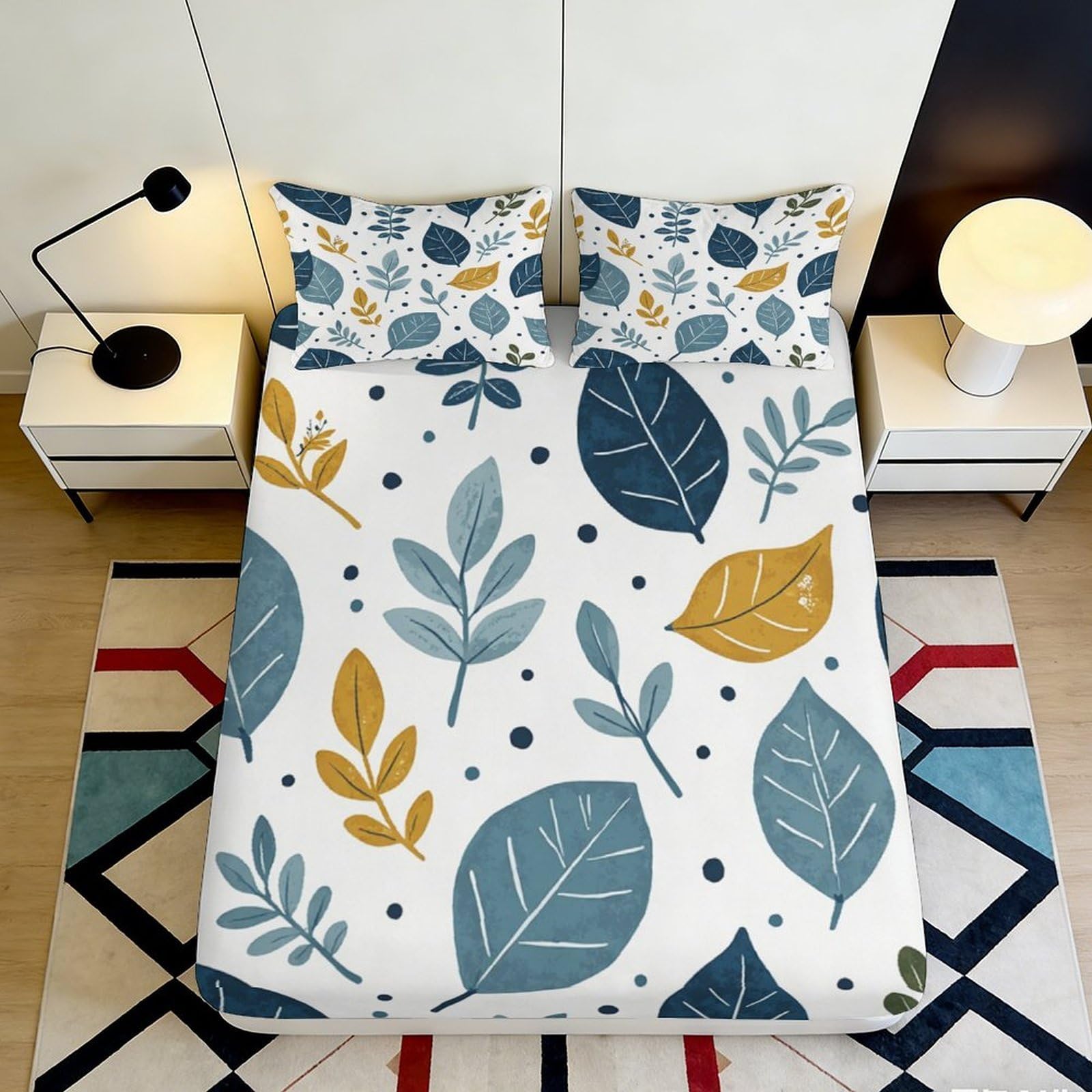 3D Printed Nordic Leaf Fitted Sheet Microfiber Deep Pocket Bedroom Bedding Leaf Mattress Fitted Cover Washable Non-Slip for Adults 90x200x25cm