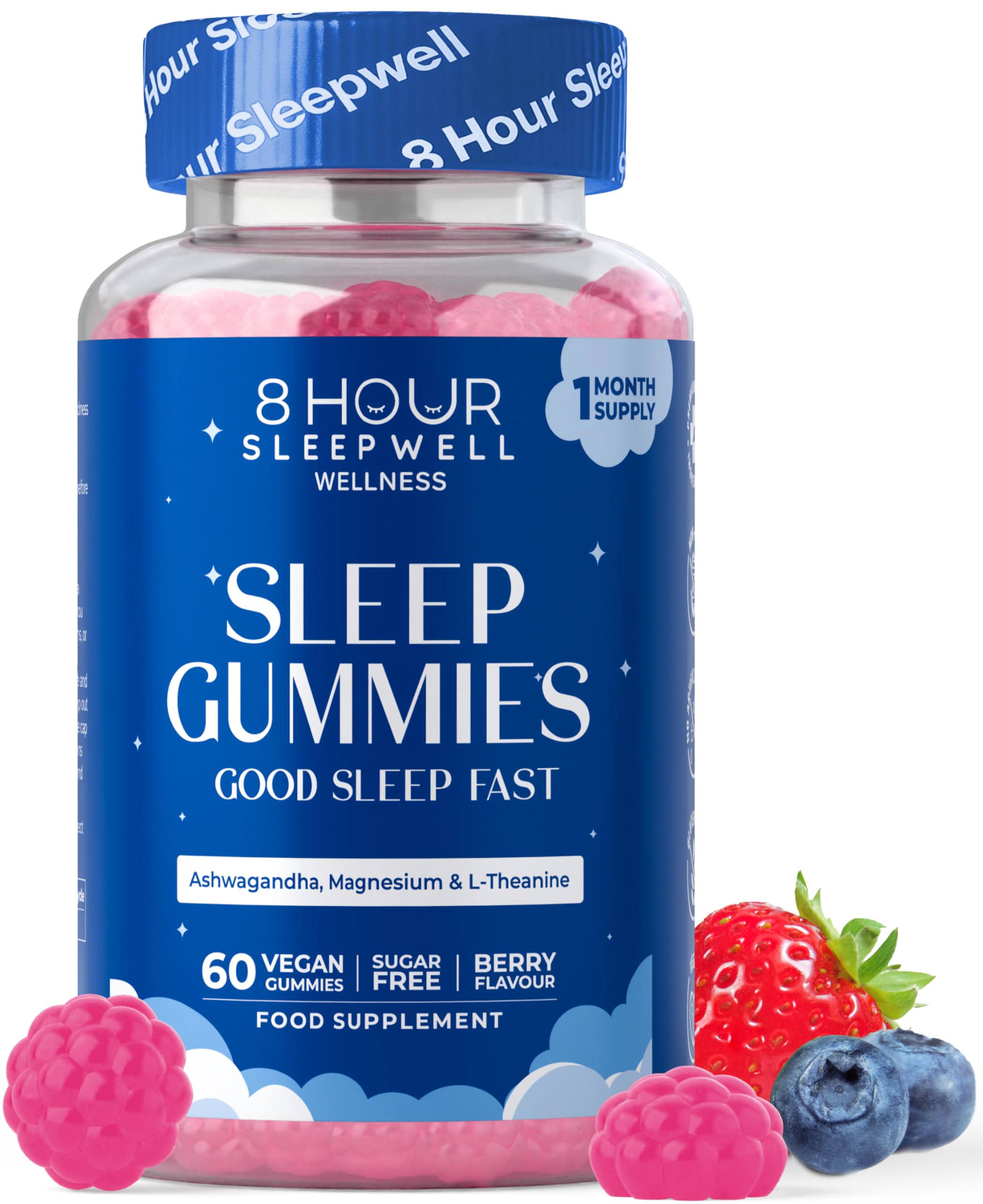Magnesium Glycinate Sleep Gummies - Sugar-Free – High Strength Sleep Aid with Ashwagandha, Lemon Balm, L-Theanine & B6 for Relaxation & Sleep - Alternative to Melatonin Tablets – Vegan - 60 Gummies