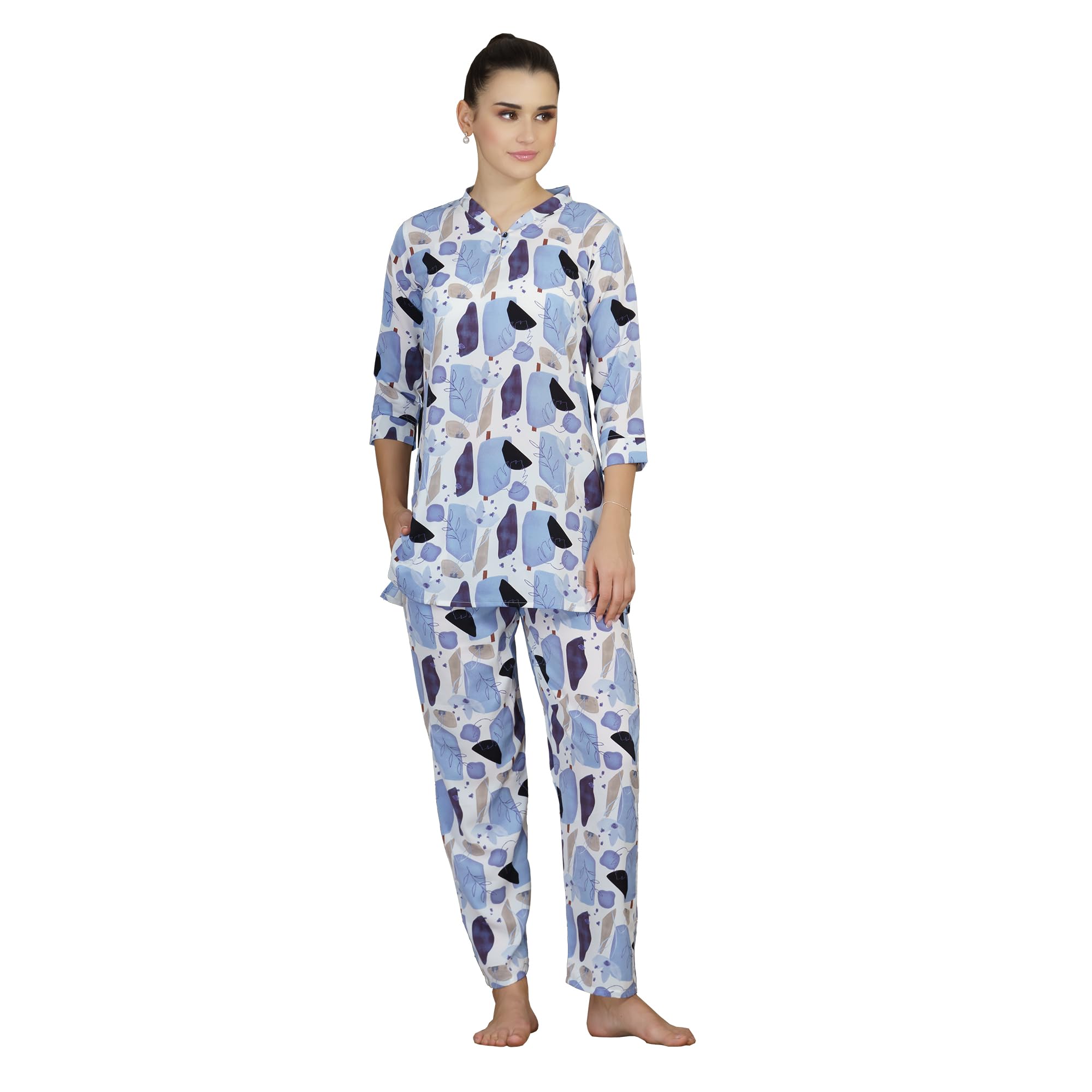 Riza Imported Italian Satin Fabric 3/4th Sleeves V-Neck Relaxed Fit Printed Top and Pyjama Night Suit Set/VNS-1124-image-44